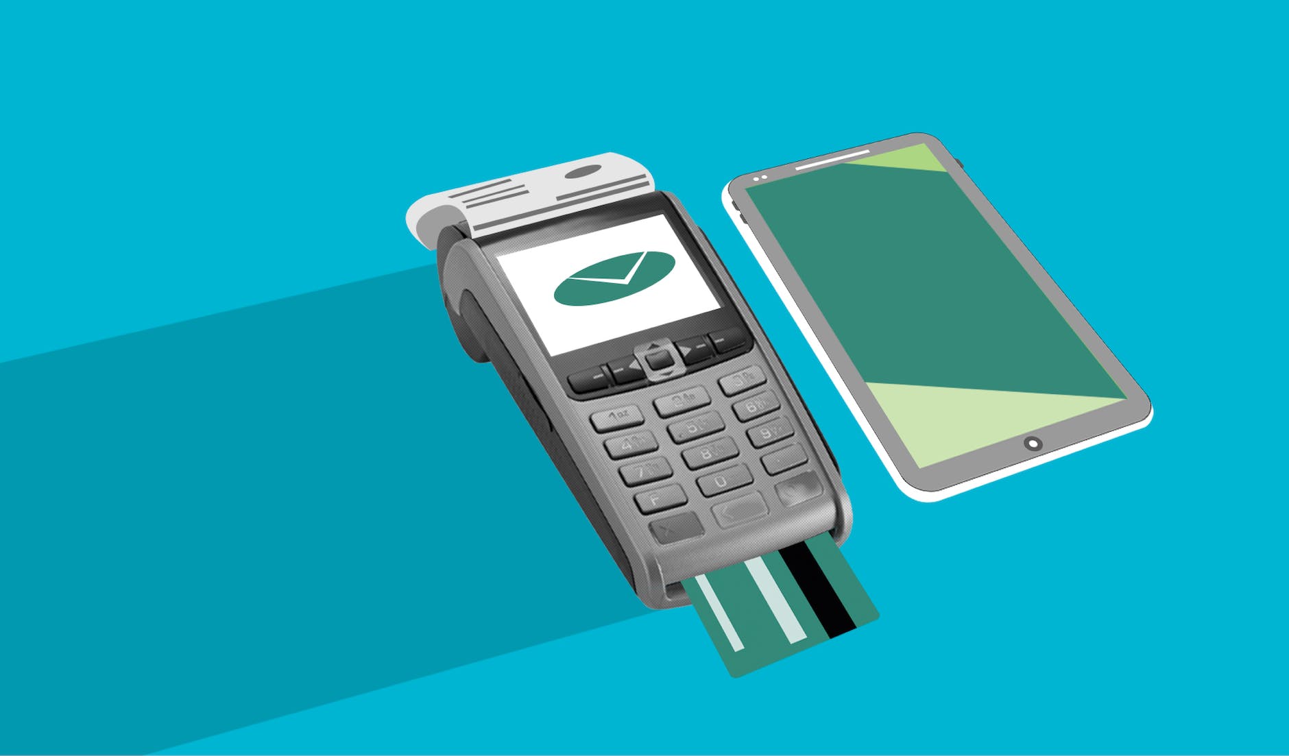 cutout paper illustration of payment terminal with check and smartphone